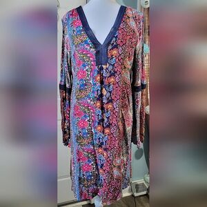 Cupio Midi Shift Dress Women's XL Pink & Blue Long Bell w/ Cold Shoulder Floral